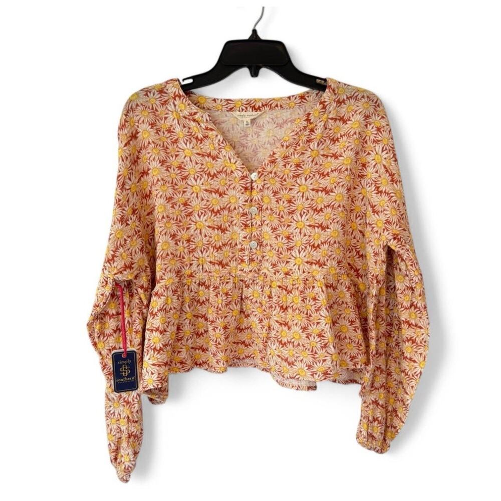 Simply Southern Women’s L Floral Peplum Blouse Sunflower Print Cotton Chic NEW